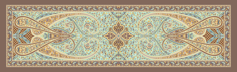 Warm Brown Ethnic Dupatta Print &ndash; Digital Textile with Vintage Paisley and Borders