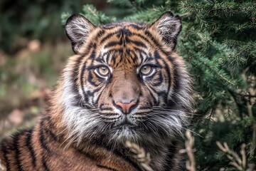 Fototapeta premium Sumatran tiger direct stare portrait outdoors