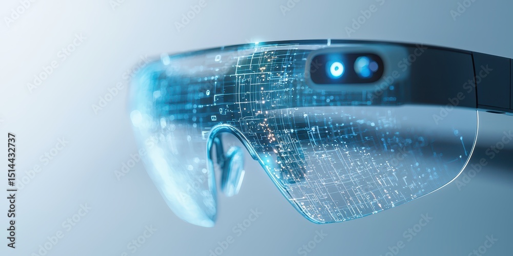 Poster business developmen concept. Futuristic augmented reality glasses with a digital interface design.