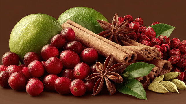 Assorted fresh citrus fruits such as limes and cranberries with cinnamon sticks star anise and spices for holiday cooking and flavo in a rustic setting