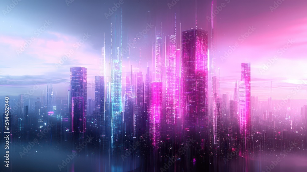 Poster business developmen concept. Abstract futuristic cityscape with vibrant colors and tall structures.