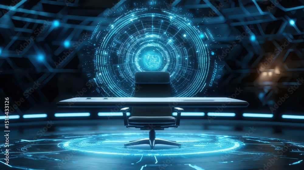 Poster business developmen concept. futuristic workspace with digital interface and sleek chair.