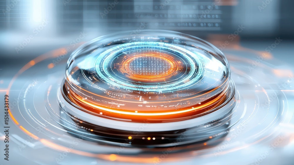 Poster business developmen concept. Futuristic digital interface with a circular design and glowing elements.