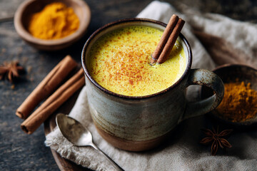 A mug of golden milk with cinnamon sticks and turmeric on a rustic wooden surface with star anise