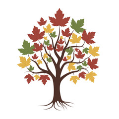 Colorful Maple Tree with Autumn Leaves, Seasonal Maple Tree Vector Illustration Isolated on White