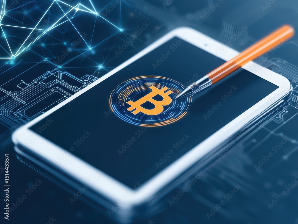 Aufkleber business developmen concept. Smartphone displaying Bitcoin symbol and digital network elements in a tech-inspired setting.