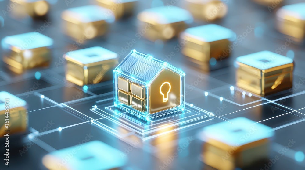 Poster business developmen concept. digital illustration of a secure house surrounded by glowing data block