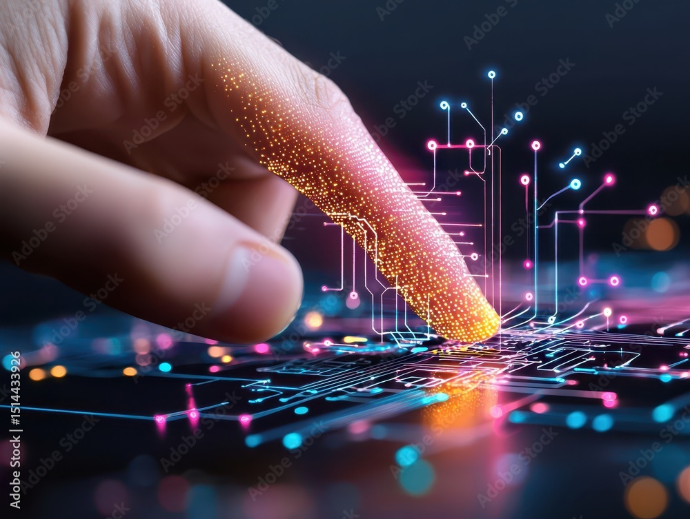 Poster business developmen concept. a hand interacts with a digital network, showcasing technology and conn