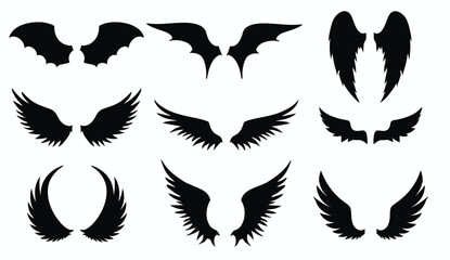 Vector Collection of Angel, Demon, and Bat Wings Silhouettes Isolated on White.