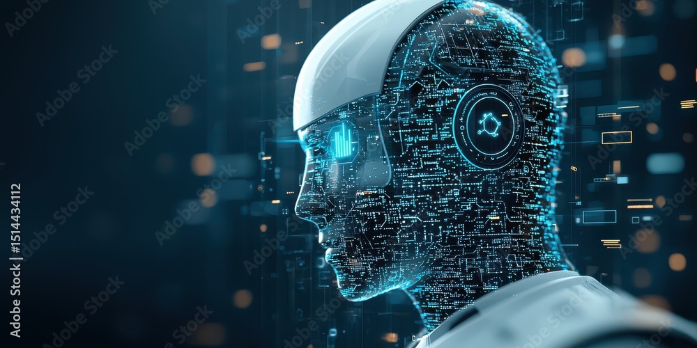 Poster business developmen concept. futuristic robotic head with digital circuitry and glowing elements.