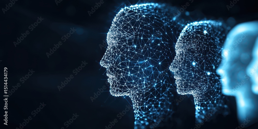 Aufkleber business developmen concept. Digital wireframe heads representing artificial intelligence and technology concepts.