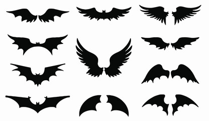 Collection of Silhouette Wing Vectors: Angel Wings, Bat Wings, and Bird Wings.