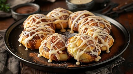 Close up of cinnamon rolls arranged on a black plate with icing and chocolate sauce drizzled on top