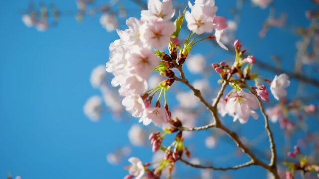 Pink cherry blossoms in full bloom against a vibrant blue sky