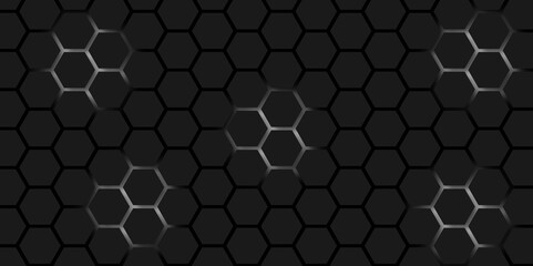 Dark Hexagon Background Geometric Seamless White Glow Tech Pattern Honeycomb Shapes Matte Surface Background Design.