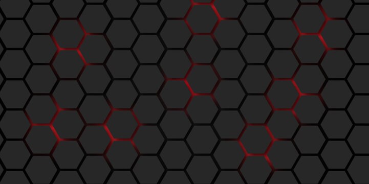 Dark Hexagon Background Geometric Seamless Red Glow Tech Pattern Honeycomb Shapes Matte Surface Background Design.