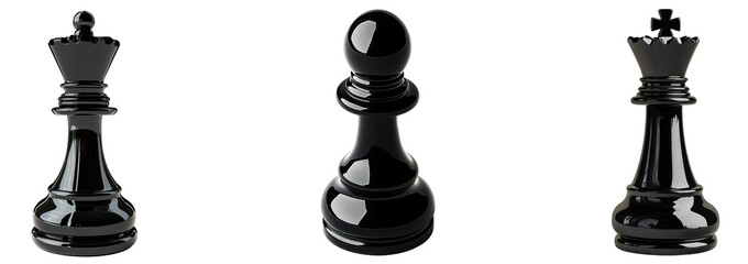 Set of black chess queen pieces isolated on transparent background