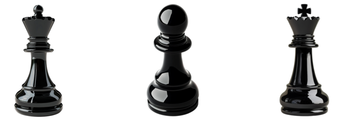 Set of black chess queen pieces isolated on transparent background