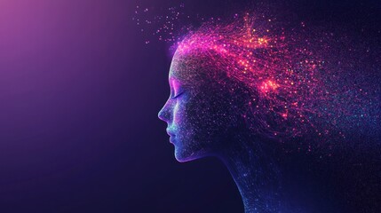 Fototapeta premium Ethereal portrait of a woman illuminated with cosmic light, profile view