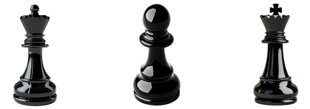 Set of black chess queen pieces isolated on transparent background