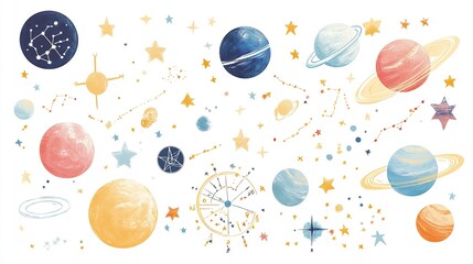 Pastel-colored planets, stars, and constellations scattered across a white background.  Various sized planets, some with rings, are shown in muted pastel constellations
