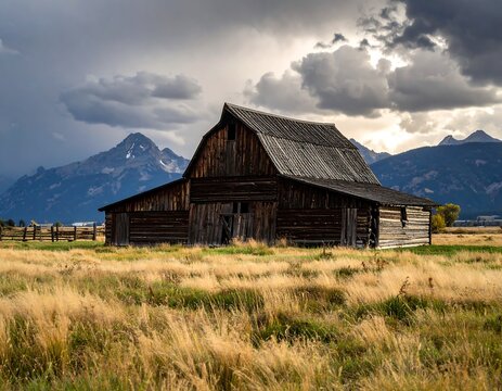 Rustic barn in autumnal meadow