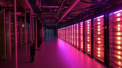 Illuminated data center with vibrant pink lights and server rows