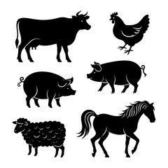 farm animals silhouettes: cow, chicken, pigs, sheep, and horse vector art