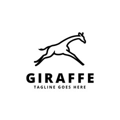 A minimalist black and white logo of a giraffe leaping with a tagline below