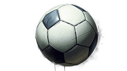 A digitally rendered soccer ball with black and white panels against a white background in a studio