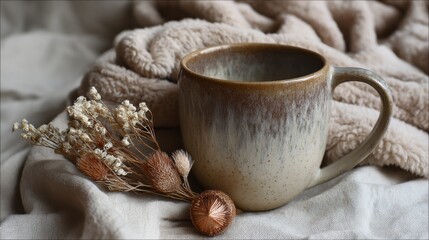 Cozy Mug and Dried Flowers: A rustic-style ceramic mug with a speckled beige and brown glaze rests on a soft fabric, accompanied by a bouquet of dried flowers and acorns.