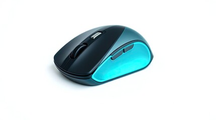 A close up shot of a black and teal computer mouse on a plain white background in studio lighting