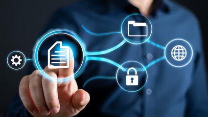 Business professional interacting with digital data file network representing global connectivity and security