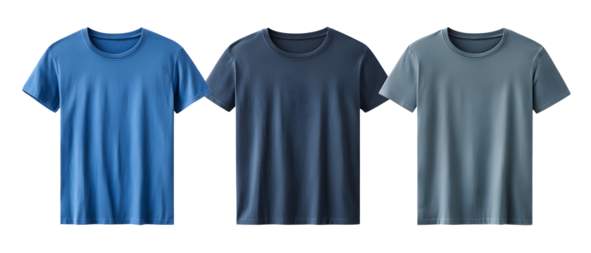 Three Blue Crew Neck Tshirts Displayed with Various Shades on Transparent Background