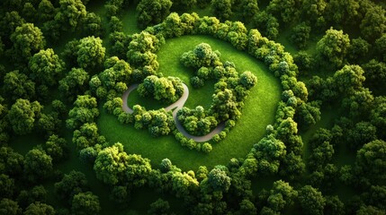Aerial view of a heart-shaped garden with winding pathways and lush green trees in a forest setting