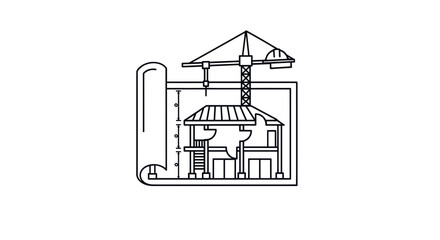 Detailed Two Story House Blueprint with Crane Illustration on transparent Background Architectural Design Plan
