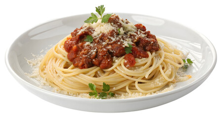 Plate with individual serving of spaghetti bologna isolated on white background.