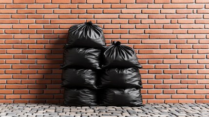 A Stack of Five Large Black Garbage Bags Filled with Trash Leaning Against a Red Brick Wall Outdoor Scene