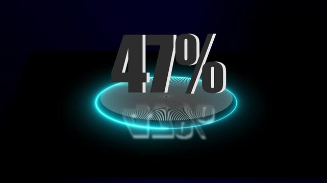 Abstract 47% percent text neon animation.Online shopping, discount and sale concept with blue digital glowing 47 icon on dark background.