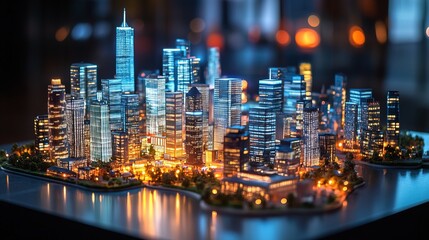 Obraz premium Miniature Night Cityscape Model with Illuminated Buildings and Water Reflection