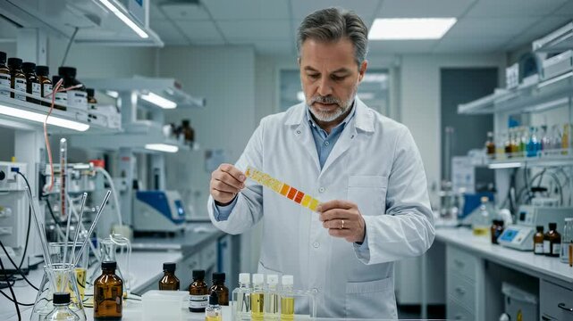 Man smelling fragrance in lab. Scientist testing perfume in laboratory video. Perfumer creating new scent motion. Chemistry and innovation concept in cosmetology footage.