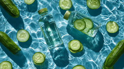 Overhead shot of cucumbers and water bottles in water with light creating a ripple effect pattern