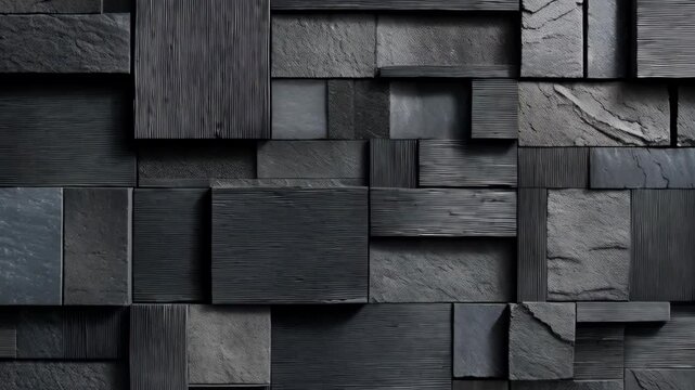 Abstract gray wall cladding of stone and textured wood planks in a geometric pattern creating a contemporary architectural interior design element.