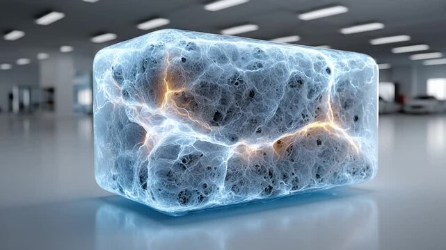 Futuristic Energy Cube Display with Veins of Power in a Clean Industrial Environment