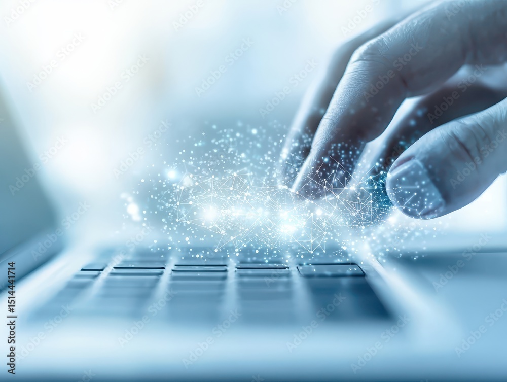 Poster business discussing topview concept. a hand interacts with a laptop, surrounded by a digital spark e