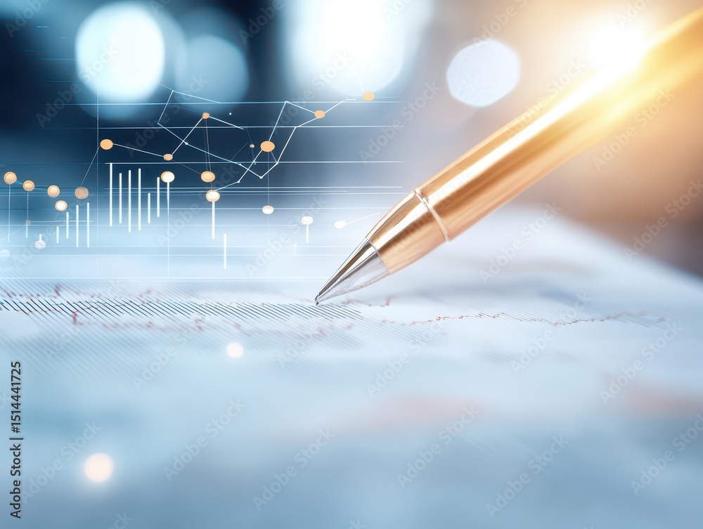 Poster business discussing topview concept. business graph illustration with a pen, symbolizing analysis an