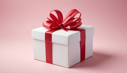 Obraz premium A pristine white gift box, elegantly wrapped with a striking red ribbon and bow against a pink backdrop.