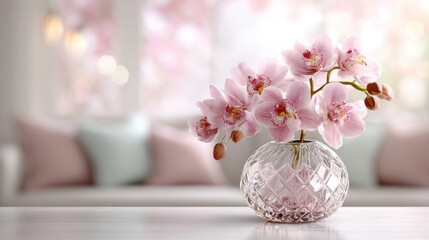 Elegant pink orchid flowers in a glass vase on a bright living room table with blurred background and cozy cushions for home decor and floral arrangement