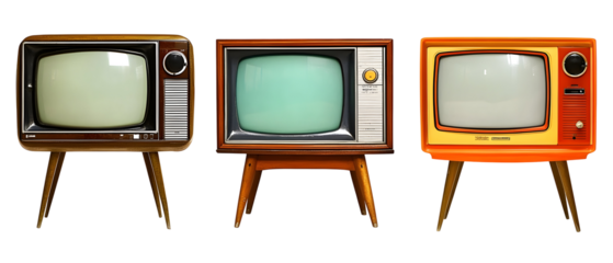 Three Vintage Televisions With Wooden Cabinets Showing Blank Screens On Isolated Transparent Background