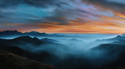 Obraz premium Mountains Horizon: An inspiring depiction of an awe-inspiring landscape, the photograph displays a beautiful expanse of majestic mountains, bathed in a vibrant palette of warm and cool hues.